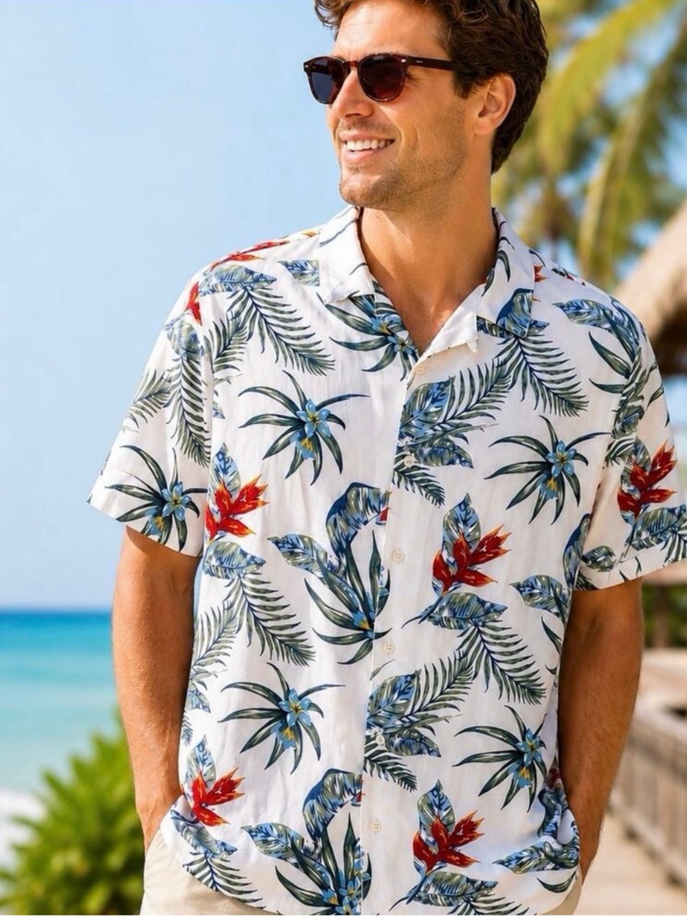 Newport Isle Hawaiian Camp Shirt Mens L White Tropical Floral Rayon Button Up